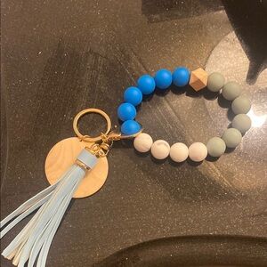 Blue and Gray Beaded Keychain Bracelet with Tassel